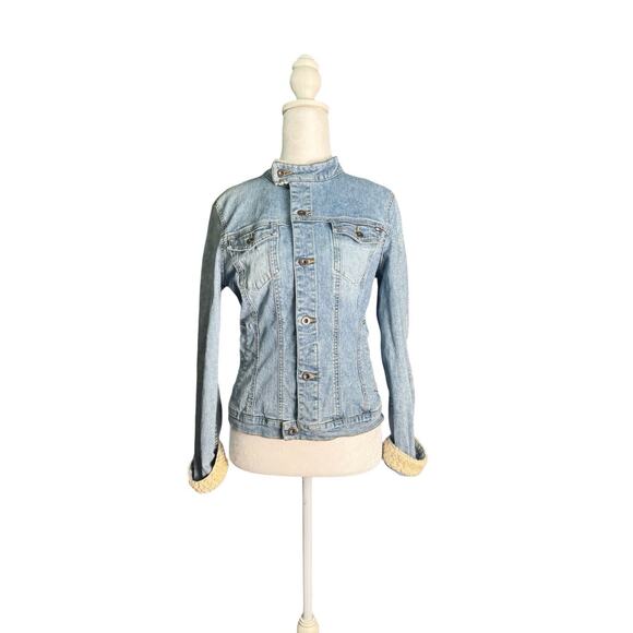 Y2K Tommy Jeans Womens Sherpa Denim Jacket Peace Sign Trucker Vtg Grunge Medium - Picture 3 of 11